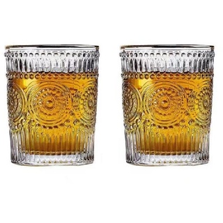 Cheffinger Gläser-Set 300ml Retro Vintage Trinkgläser Gold Kante 2 Gläser Whiskey Cocktail weiß