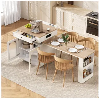 Merax Küchenzeile Esstisch Kücheninsel mit Rollen, Ausziehbarer Esstisch, küchentisch, LED Steckdosenleiste, Multifunktionaler Bartisch, Sideboard