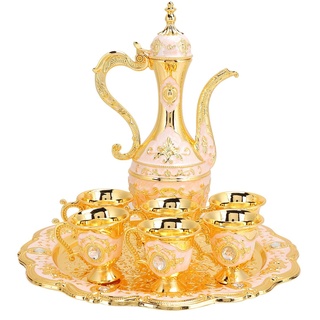 Alvinlite Türkisches Vintage-Kaffeekannen-Set, türkisches Tee-Set mit 6 Kaffeetassen, Goldener Weinkaraffe und Gläser-Set, türkisches Kupfer-Kaffeetassen-Set für die Teeparty zu Hause(Weiß)