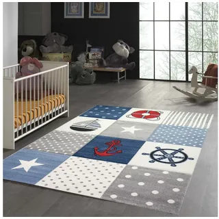 TeppichHome24 Kinderteppich Kinderteppich Junge Maritim kariert in blau creme grau, rechteckig, Höhe: 13 mm blau|grau|weiß rechteckig | 120 cm x 170 cm x 13 mm