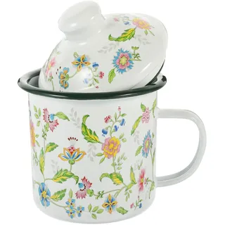 GRIRIW Kaffeebecher Emaille mit Deckel 500ml Robust und Praktisch Vintage Blumenmuster für Kaffee und Tee Geeignet für Restaurant und Geschenk