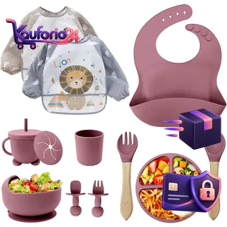 Baby Geschirrset 12er Set Silikon Lätzchen Teller mit Saugnapf BPA-frei