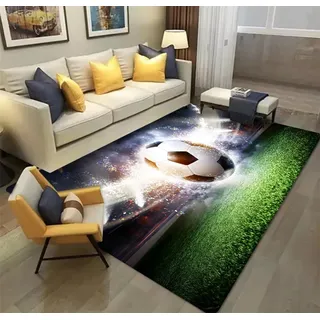 3D Fußball Teppich für Kinder Jungen - Geschenk und Deko für Jugendzimmer Kinderzimmer - Waschbarer Kurzflor Wohnzimmer Teppich für Fußballfans - Anti-Rutsch Unterseite (Grau, 160x200 cm)