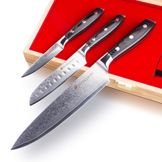 STALLION Wave - 3er Messerset Damast mit Micarta Griff - Hochwertiges Damastmesser Set aus Kochmesser, kleines Santokumesser und Officemesser - Küchenmesser aus Damaststahl