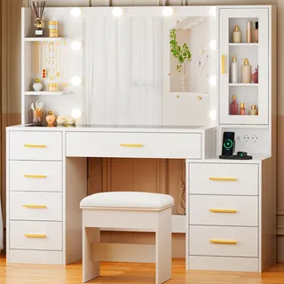 BEWISHOME Großer Schminktisch mit Beleuchtung und Spiegel, Verstellbare LED Beleuchtung, Schminktisch mit Glasplatte, Modern Frisiertisch mit 8 Schubladen, Steckdosen, für Schlafzimmer, Weiß EFST67W