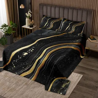 Homewish Schwarz und Gold Marmor Steppdecke Marmor Stein Tagesdecke 240x260cm Golden Glitter Muster Marmorierung Steppdecken für Jungen Kinder Mädchen Jugendliche, Abstrakte Kunstwerke Tagesdecken