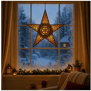 Online-Fuchs Dekostern - Weihnachtsstern aus Holz mit LED-Beleuchtung, Timer - Weihnachtsdeko, zum Aufhängen oder Hinstellen - Warmweiß oder Farbwechsel wählbar beige