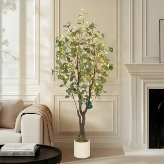 Künstliche Eukalyptus 150 cm, Kunstpflanze mit LED Lichtern & Naturholzstamm, Fake Plastikpflanzen im Weiß Topf, Deko für Drinnen und Draußen, Kunstbaum wie echt für Wohnzimmer Büro
