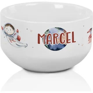 GRAZDesign Müslischale personalisiert mit Name, Kinder Schüssel als Geschenk für Mädchen und Jungen, spülmaschinengeeignet, Frühstücksschüssel Motiv Astronaut mit Planeten, Keramik