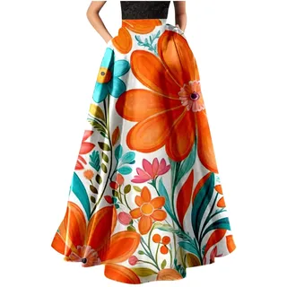 Maxirock Damen Lang, Elegant Strandkleider Blumenkleid Sommer Leicht Und Luftig Sommerkleider Tellerrock Boho Freizeit Hohe Taille Blumenmuster Trachtenrock