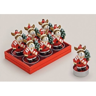 Teelicht Weihnacht Elch als Weihnachtsmann bunt 6er Set ca. 7 x 4 cm in Geschenkbox Holz/ Kunststoff