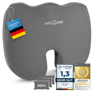 Body & Mind® Orthopädisches Sitzkissen Keilkissen Ergonomische Stuhlauflage Bürostuhl-Kissen; Autositz-Kissen; Schmerzreduzierend, Fördert Durchblutung, Entlastet Steißbein & Wirbelsäule (H1 - Weich)