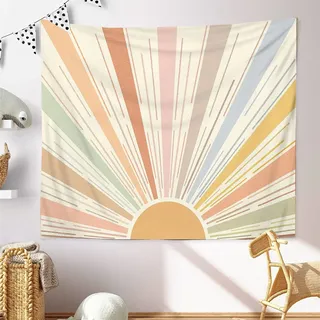 VIONNPPT Boho Tapisserie Wandbehang, Abstrakte Kunst Sonne Gebirge Szenerie Hippie Wandteppich,Groß Wand Hängender Decke für Schlafzimmer Wohnzimmer (Beige,150cmx200cm)