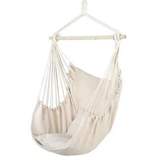 Hängesessel Outdoor und Indoor mit 2 Kissen,Hängesessel ohne Gestell geeignet für Erwachsene und Kinder (Beige ohne Fransen)