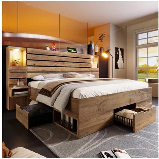 OKWISH Holzbett Bett 180x200 cm mit Stauraum und Downlights in Eichenoptik (2-tlg), mit 4 offenen Seitenfächern und 3 Schubladen (ohne Matratze) 250 cm x 218 cm x 100 cm