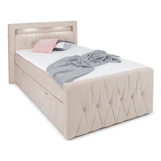 Valencia LED-Bett 90x200 mit Bettkasten - gemütliches Bett mit Matratze und Topper - Stauraumbett 90 x 200 cm mit Schubladen Samt-Stoff beige