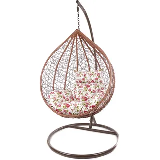 KIDEO Komplettset: großer Hängesessel mit Gestell & Kissen, Korbsessel, Poly-Rattan (Korb & Gestell: braun, Kissen: Blumenmuster Nest (3761 Roses))