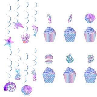 14 Stück Meerjungfrau Deko Kindergeburtstag, Meerjungfrau Geburtstag Deko Set, Holographic Paper Birthday Decorations Meerjungfrauen Deko Kindergeburtstag Unterwasserwelt Mermaid Party Zubehör