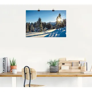 Poster ARTLAND "Winterlandschaft mit Sonnenstern" Bilder Gr. B/H: 120 cm x 80 cm, Berge Querformat, 1 St., blau Poster als Alubild, Leinwandbild, Wandaufkleber oder in versch. Größen