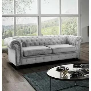 Easy4You Chesterfield Silber Velvet 3-Sitzer Sofa 225x74x88 cm Sofas für Wohnzimmer Sofagarnituren mit Holzfüße Set Sofas & Couches