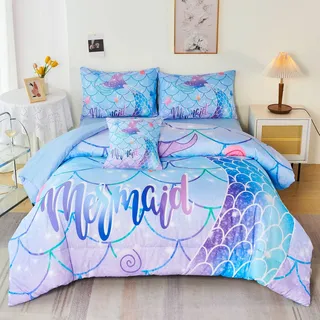 RYNGHIPY 6-teiliges Meerjungfrauenschwanz-Bettwäsche-Set für Kinder und Mädchen, Meerjungfrauen-Fischschuppen-Bett in Einer Tasche, Doppelgröße, glitzerndes Blaugrün, Lila, Regenbogen,