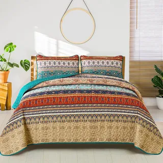 WONGS BEDDING Tagesdecke 220x240 Bettüberwurf Boho Decke Steppdecke 3 Teilig Doppelbett Gesteppt Bettdecke Mikrofaser Wohndecke mit 2 Kissenbezug 50x75 für Schlafzimmer als Sofaüberwurf (Braun)