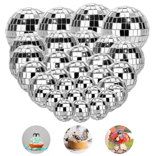 TranRantic 32 Stück Discokugeln Set, Glänzend Mini Discokugel Klein(Silber) | Mini Discokugels Deko, Disco Ball Cake Toppers, Deko Discokugel für Kuchendekoration, Party, Bar, Urlaubsdekoration