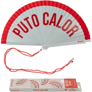 Fisura – Origineller Fächer mit Aufschrift P*to calor“. Moderner, bunter Handventilator aus Holz. Rot-weißer Verlauf. Inklusive Haken. Maße: 42,5 x 23 cm