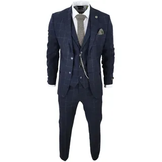 TruClothing.com Herren 3 Teilig Anzug Wolle Tweed Marineblau Braun Karo Formelle 1920s Gatsby - 48