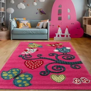 SIMPEX Teppich Kinderzimmer Eulenmuster Violett Kurzflor Kinderteppich mädchen Spielteppich Eulen Design Babyzimmer Teppiche für Junge und Mädchen Extra Weich und 140 x 200 cm