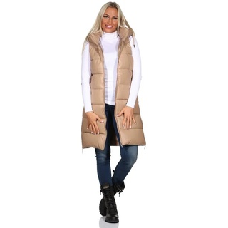 Aurela Damenmode Longweste Kunstlederweste Damen warme Longweste ärmellose Damen Weste mit Kapuze, in modischer Lederoptik beige 42