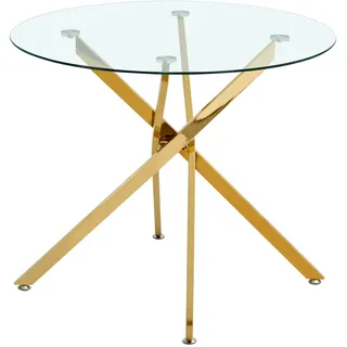 OKWISH Esstisch rund aus Glas und Metall in Gold, transparente Tischplatte, Kreuzfuß, verstellbare Gleiter, für 2-4 Personen