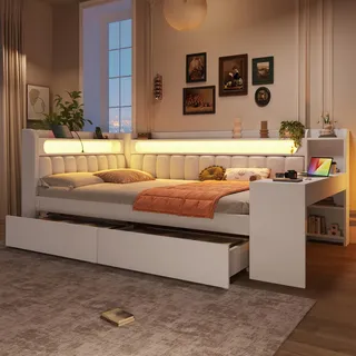 BTM Jugendbett 140x200 mit Schreibtisch Gepolstertes Tagesbett mit Schubladen USB und LED-Gürtel, Kinder Stauraumbett, Daybed Weiß