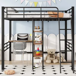 Merax Kinderbett Hochbett 90x200 cm, Funktionsbett mit Schreibtisch, 3 Regale Etagenbett Einzelbett, Bettrahmen mit Lattenrost (ohne Matratze) für Kinder und Erwachsene, Schwarz