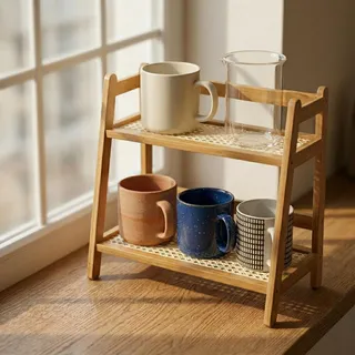 Mirriverse Küchenregal Arbeitsplatte 2-Stufig, Bambus Becherhalter & Acryl Tassenregal, Kaffee Organizer, Stehend Gewürzregal, Matcha-Ständer, Aufbewahrung für Tee, Natur, 39 x 18 x 29 cm