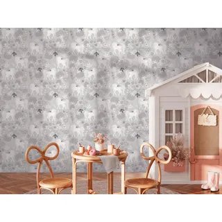 A.S. Création Vliestapete Einhörner Wald Tiere Floral Grau Weiß 77138-1