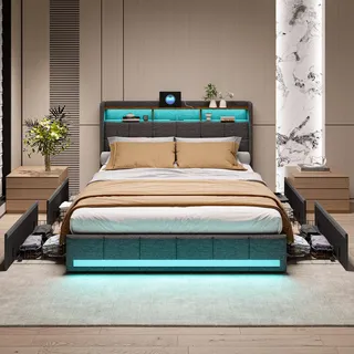 Polsterbett Doppelbett 140x200 cm, Bett 140x200 mit Bettkasten, Stauraumbett mit 4 Schubladen und Lattenrost, Staufach-Kopfteil mit LED-Beleuchtung und Ladestation(2 USB-Anschlüsse,1 Type-C),Leinen