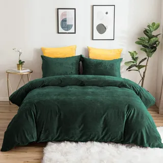 Lanqinglv Winter Bettwäsche 220x240 Biber Dunkelgrün Plüsch Flanell | ÖKO-TEX Zertifiziert,Flauschig,Winterbettwäsche für Allergiker,Bettbezug und 2 Kissenbezüge 80x80 mit Reißverschluss