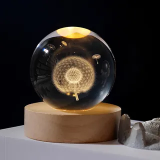 Weihnachtsdeko Kristall Weihnachtskugeln Mit LED Kristallkugel Mit Holz Deko Figuren, Schneemann Beleuchtet Personalisiertes Geschenk Für Weihnachten Deko, Frauen, Kinder, Geburtstag (Pusteblume,6cm)
