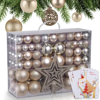 ONBEST Weihnachtskugeln 128-teiliges Set – 1x Baumspitze Glitzer Stern & 127x Kugel – mit Verpackung – Weihnachtsschmuck Deko für Drinnen & Draußen aus Kunststoff – Plus 5X Karte (Champagner)