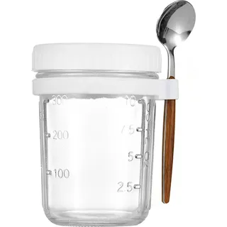 350 ml Overnight Oats Becher mit Löffel und Deckel, auslaufsicherer Frühstücksbehälter aus Glas für Haferflocken, Salat, Joghurt, umweltfreund... - Weiß