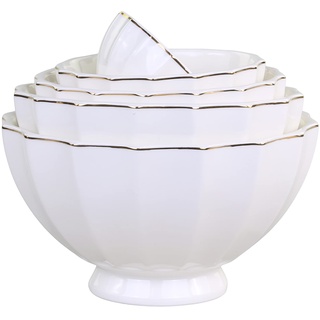 Chic Antique Set 5-teilig Schüssel Bowl Müssli-Schale Desertschale Arés Dippschalen Porzellan in weiß mit Goldrand, von H4,5/Ø8 cm bis H9/D15,5 cm
