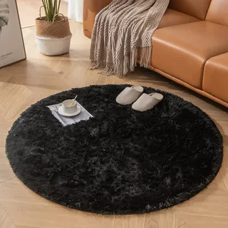 CHOSHOME Runden Teppiche Rund 120CM Weich Groß rutschfest Waschbar Teppich Wohnzimmer Hochflor Teppich Shaggy Modern Langflorteppich Schlafzimmer Kuschelig Bettvorleger Home schwarz Waschbarer