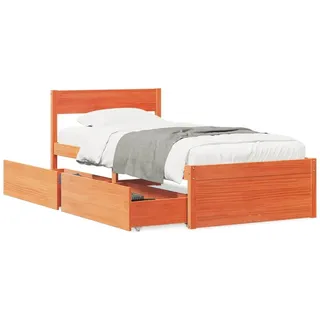 Homgoday Massivholzbett mit Schubladen Stauraumbett Bettrahmen Holzbett Schubladenbett Einzelbett Bettgestell Bett mit Kopfteil für Schlafzimmer Gästezimmer Wachsbraun 100x200 cm Kiefer