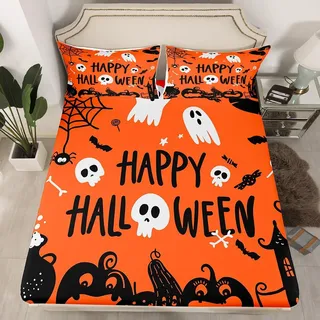 Halloween Spannbettlaken 90x200x30,Kürbis Laterne Bettwäsche,Gespenstische Geist und Fledermäuse Bettwäsche,Spinnennetz Spinnweben Bettwäsche Set,Schloss Zucker Schädel Bett Set Halloween Dekor