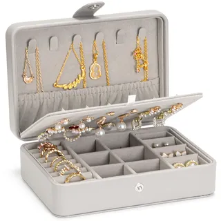 VINATO Schmuckorganizer als 3-in-1 Schmuckaufbewahrung für Ketten, Ohrringe & Ringe – Schmuckkästchen klein 16,5x12x5,7cm, Geschenkidee und Aufbewahrungslösung, Grau