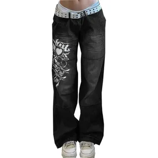 FUZUAA Damen Y2K Baggy Denim Hosen Korean Style Harajuku Hot Mom Denim Jeans Grunge Vintage Taschen Niedrige Taille Skinny Flare Pants 20s Retro Cargo Pants