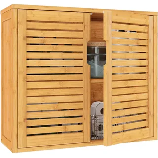 VIAGDO Badezimmerschrank Hängend Bambus Wandschrank, Hängeschrank Küchenschrank Badezimmer Regal Medizinschrank mit höhenverstellbarer Regalebene, Badschrank Wandmontage, Wandregal, 20.7x59x51cm