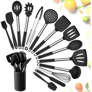 LuxusKollektion Kochbesteck-Set Küchenhelfer 15teilig Silikon Antihaft Hitzebeständig Schwarz 15 schwarz