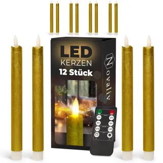 Stabkerzen LED mit Timer GOLD 12 Stück indoor - 6 Stunden - ECHTWACHS 23cm Höhe für Kerzen 2,2cm Durchmesser 2 AAA Batterien notwendig LED Stabkerzen 4er Set GOLD (drei Mal) bewegliche Flamme Licht